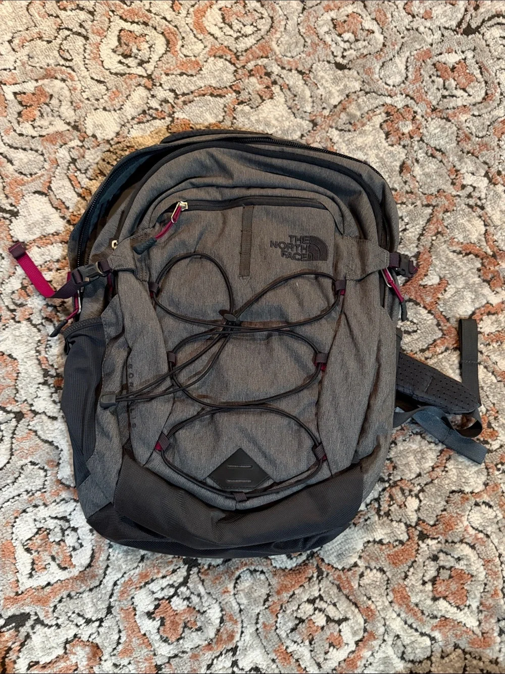 The North Face Gray Backpack with Burgundy Accents